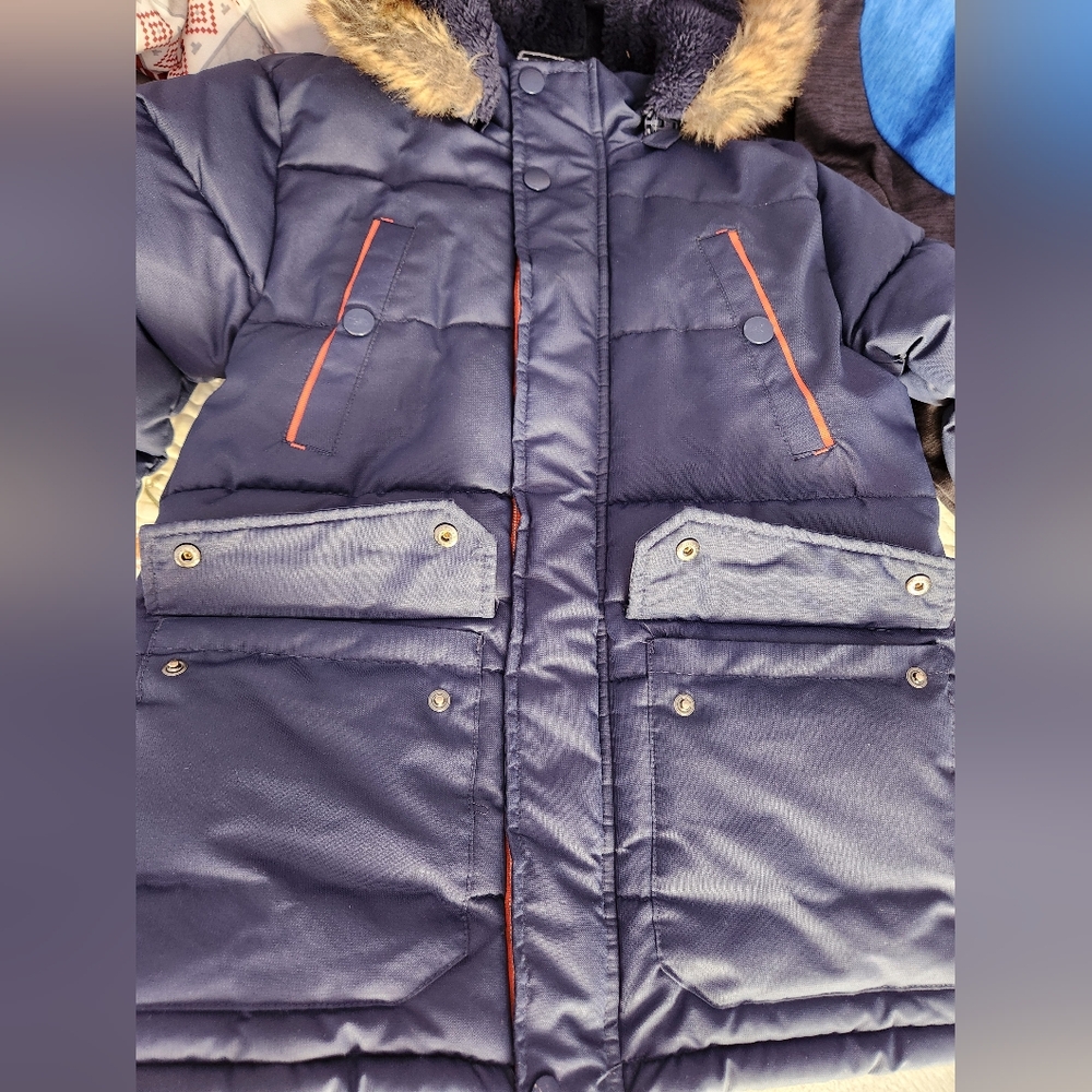 Boys Navy Blue Puffer Jacket with Faux Fur Hood - Picture 6 of 7